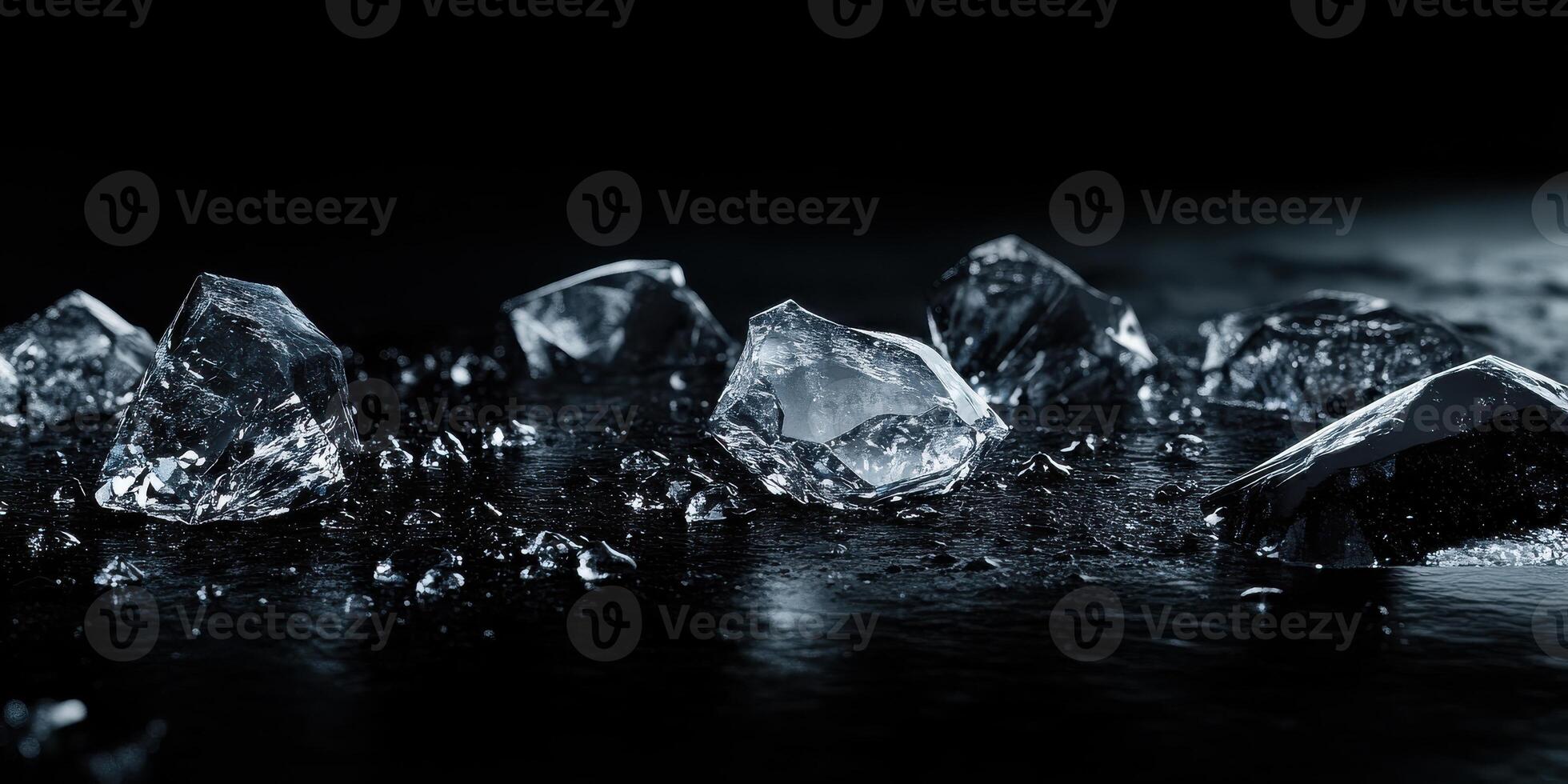 Raw crystal stones on black reflective surface in low light photo
