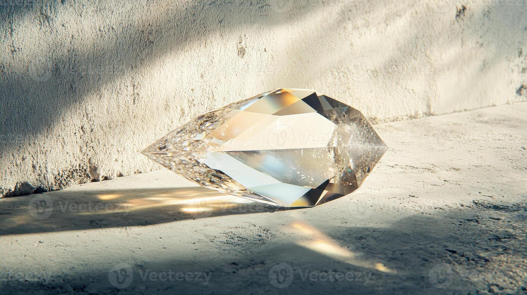 Sparkling crystal prism reflecting light on concrete surface in sunlit setting photo
