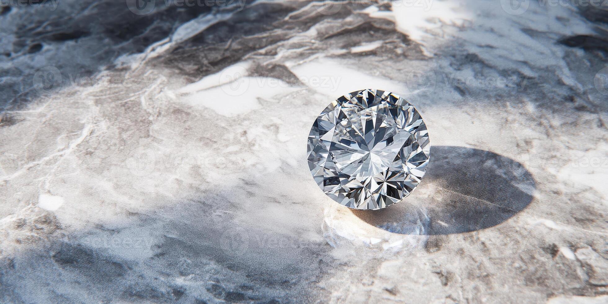 Shimmering diamond on marble surface captured in natural sunlight reflection photo