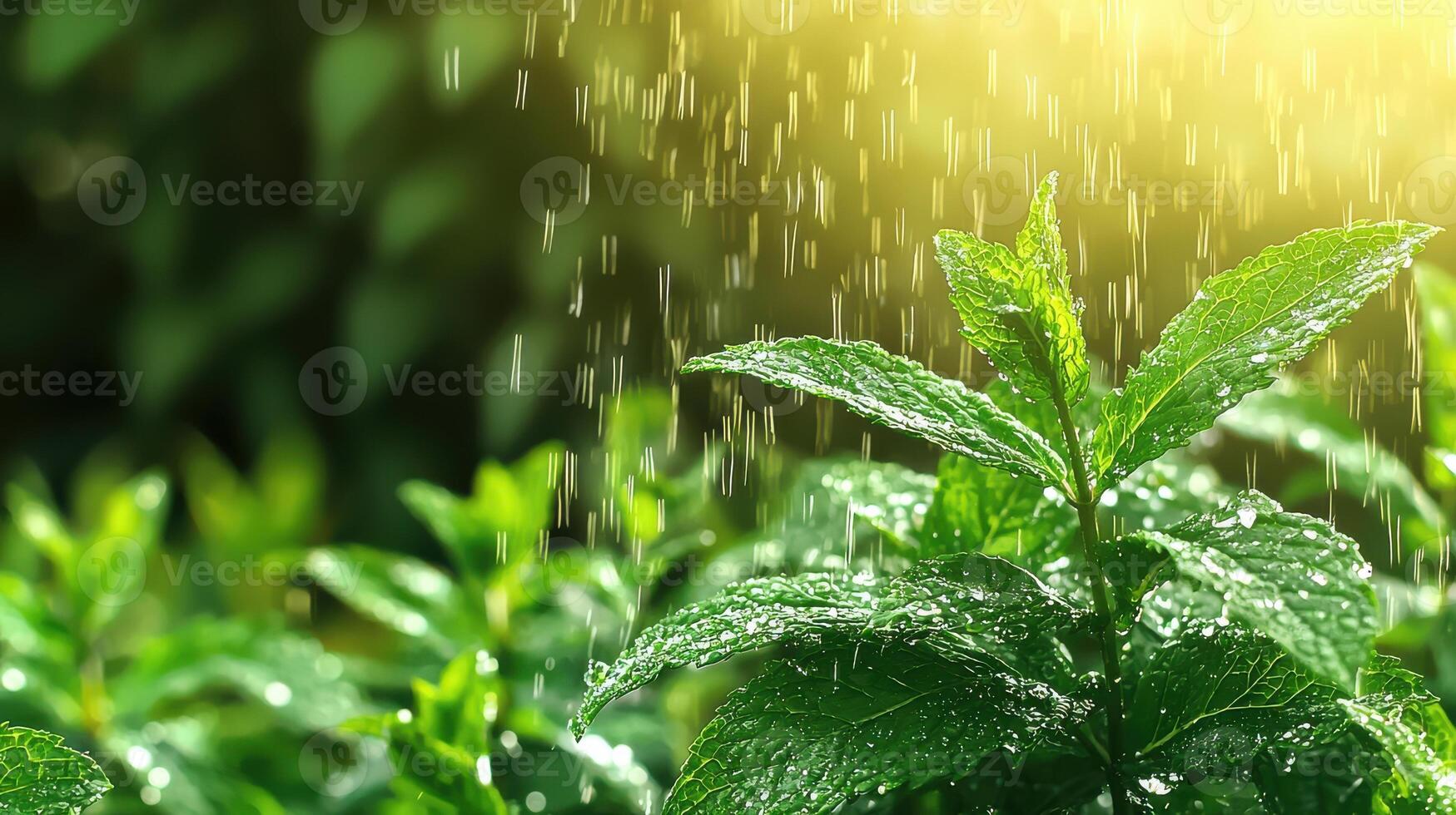 Mint Leaves In A Garden With Raindrops And Sunlight. Freshness And Natural Growth In A Vibrant Environment photo