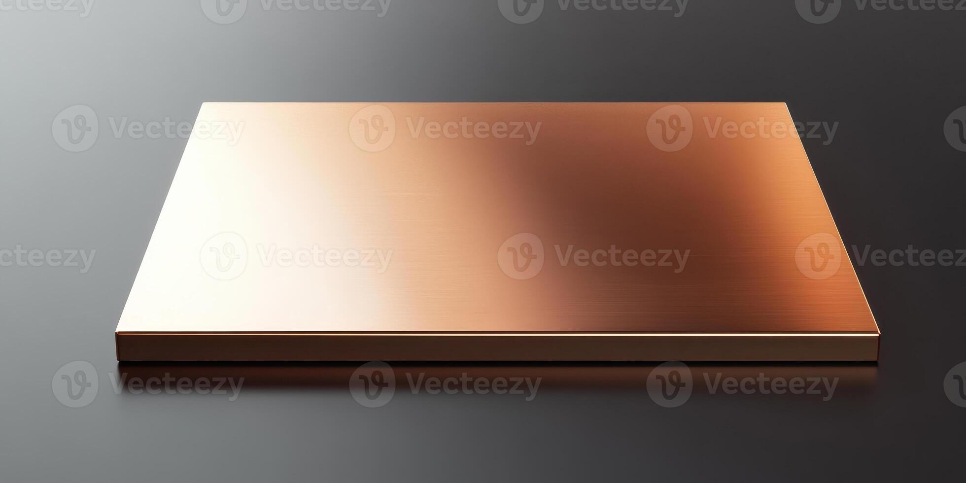 Minimalist copper metal sheet on gradient gray surface, industrial concept photo