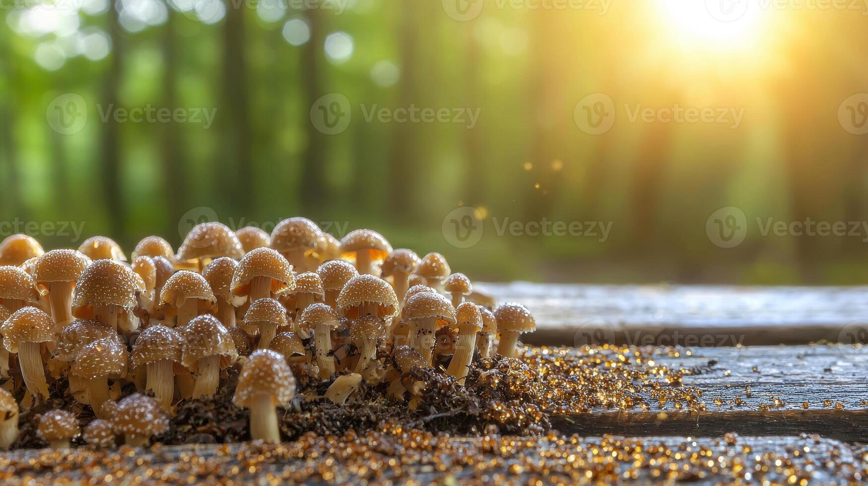 Mushroom Cluster On Forest Floor With Sunlight Filtering Through Trees. Nature'S Beauty And Growth In Serene Woodland Setting photo