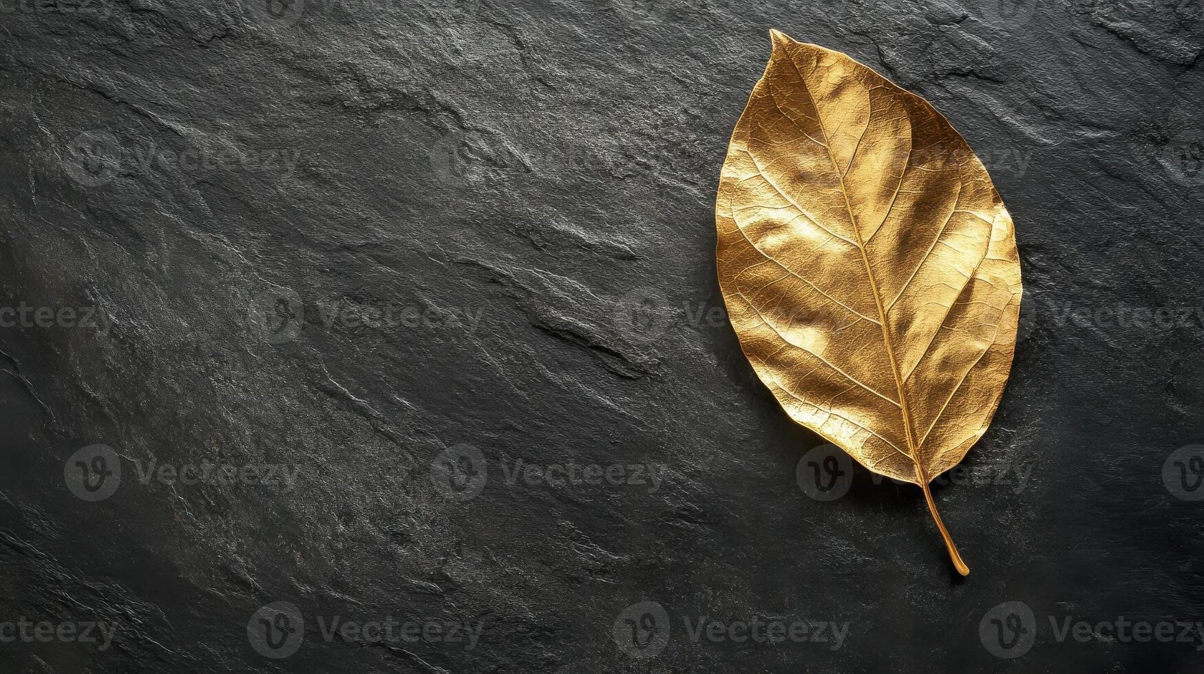 Golden leaf on dark slate stone surface representing elegance and nature concept photo