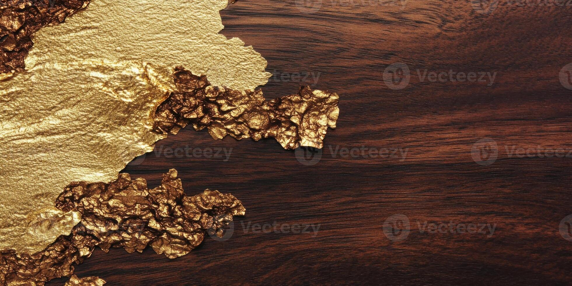 Luxurious texture of gold leaf on rich dark wood surface, luxury concept photo