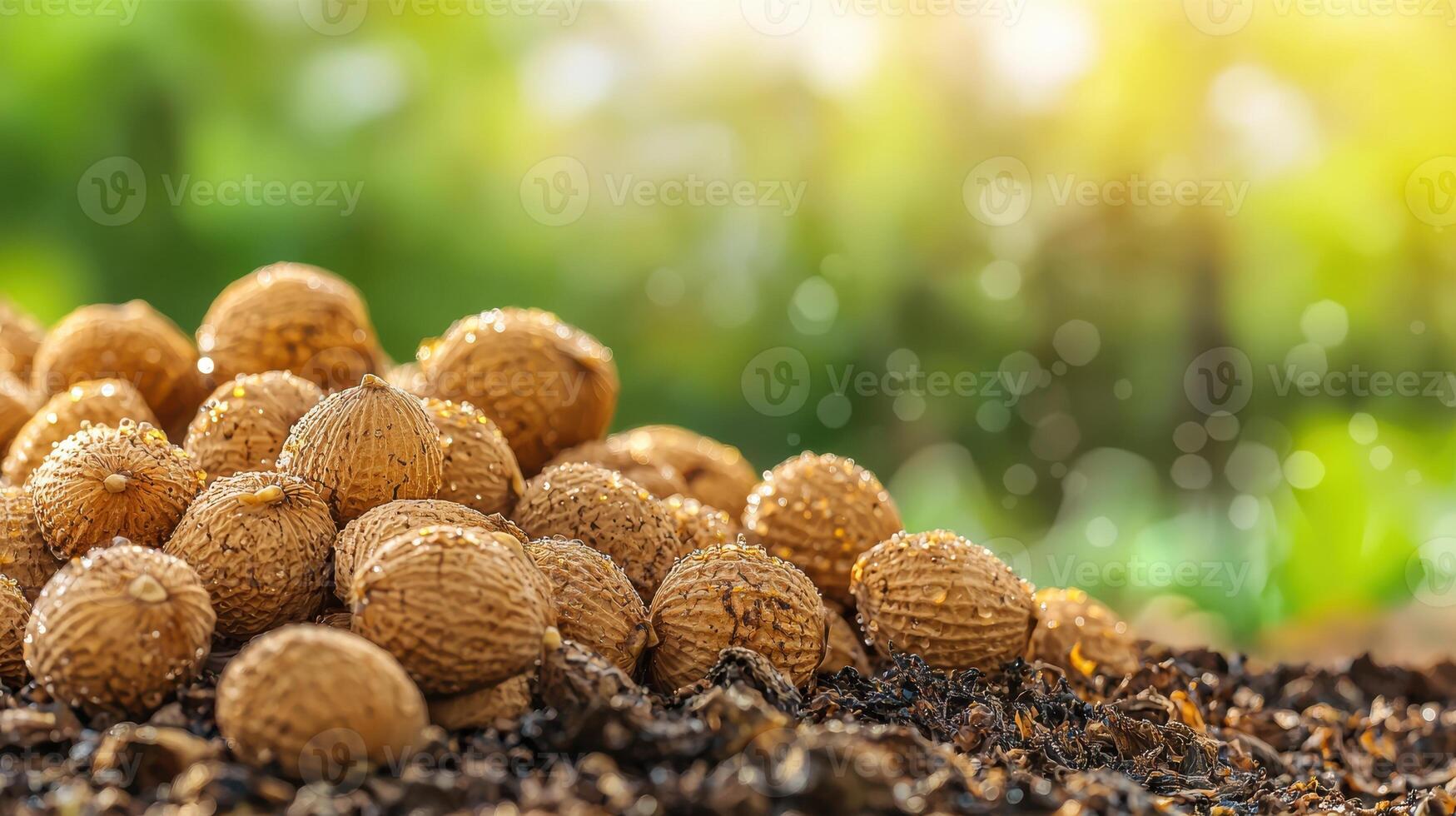 Pile Of Wet Seeds On Soil With Blurred Green Background. Nature'S Growth And Renewal photo