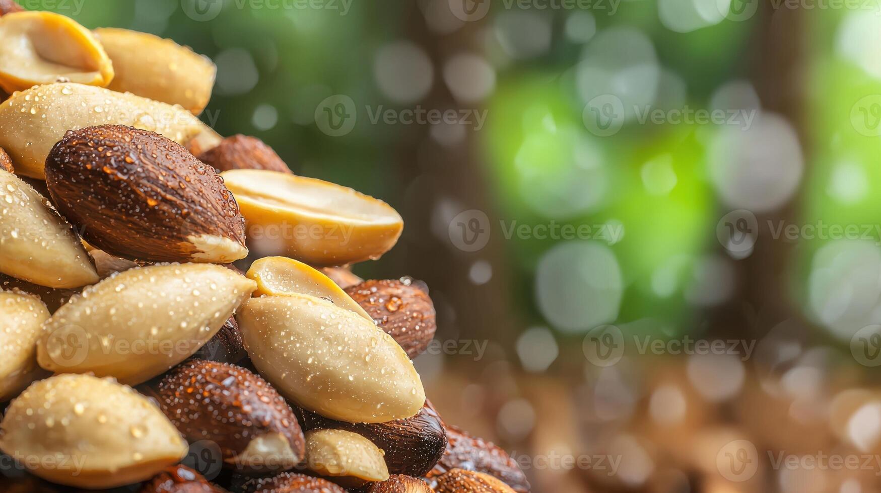 Close-Up Of Wet Almonds With Blurred Green Background. Fresh Almonds With Water Droplets, Symbolizing Natural Freshness photo