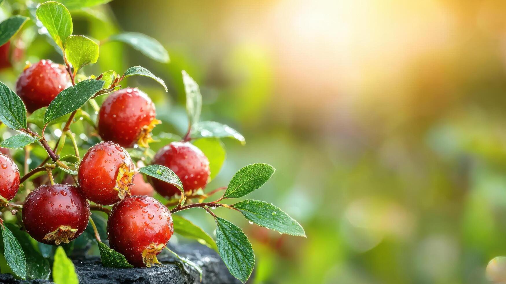 Red Berries With Dewdrops On Green Leaves In Sunlight. Freshness And Natural Beauty In A Garden Setting photo