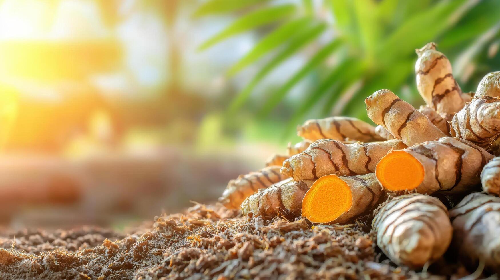 Fresh Turmeric Roots On Soil With Sunlight And Green Leaves. Natural Spice And Herbal Medicine Concept photo