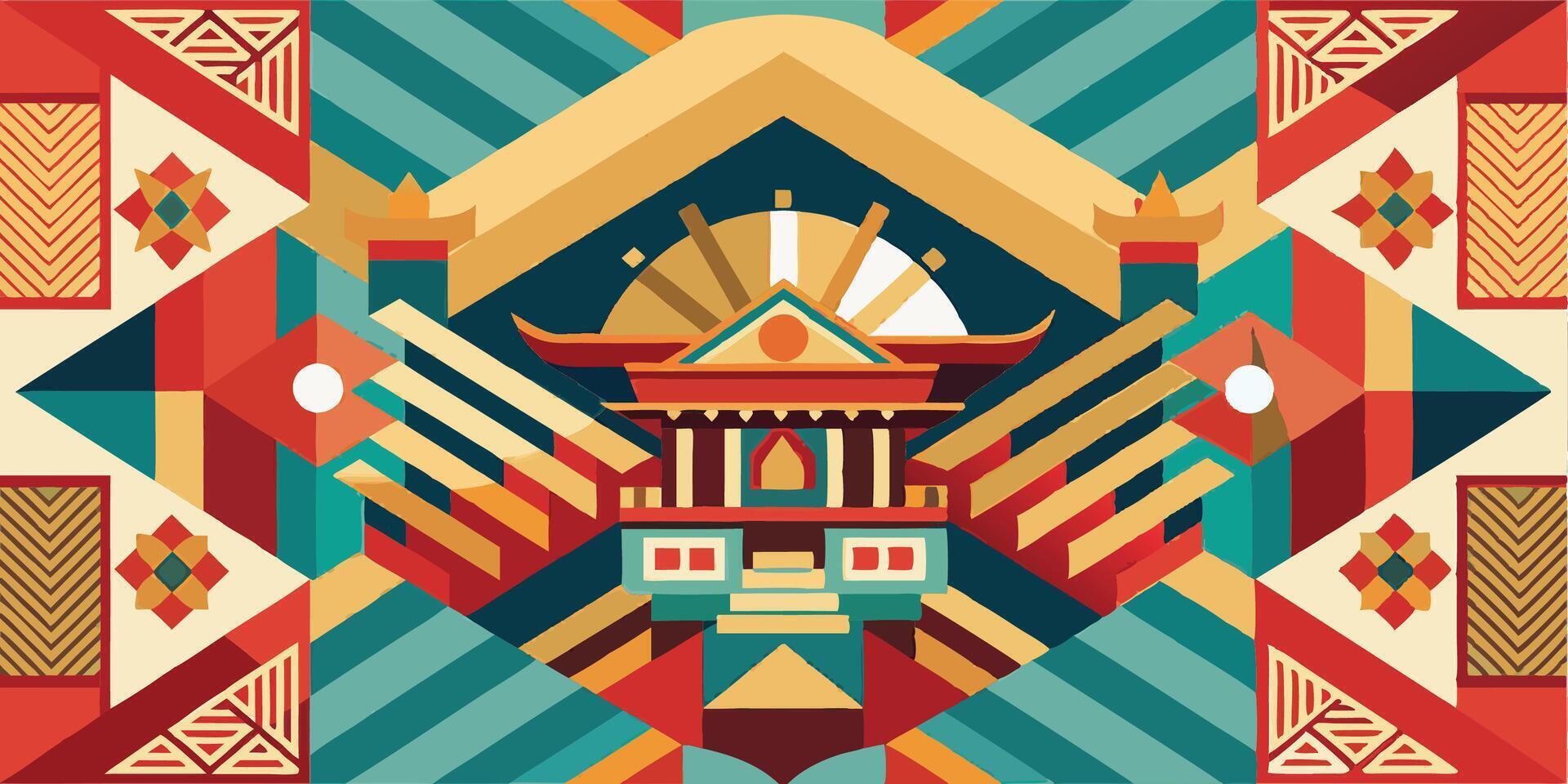 A colorful abstract design with a temple in the center vector