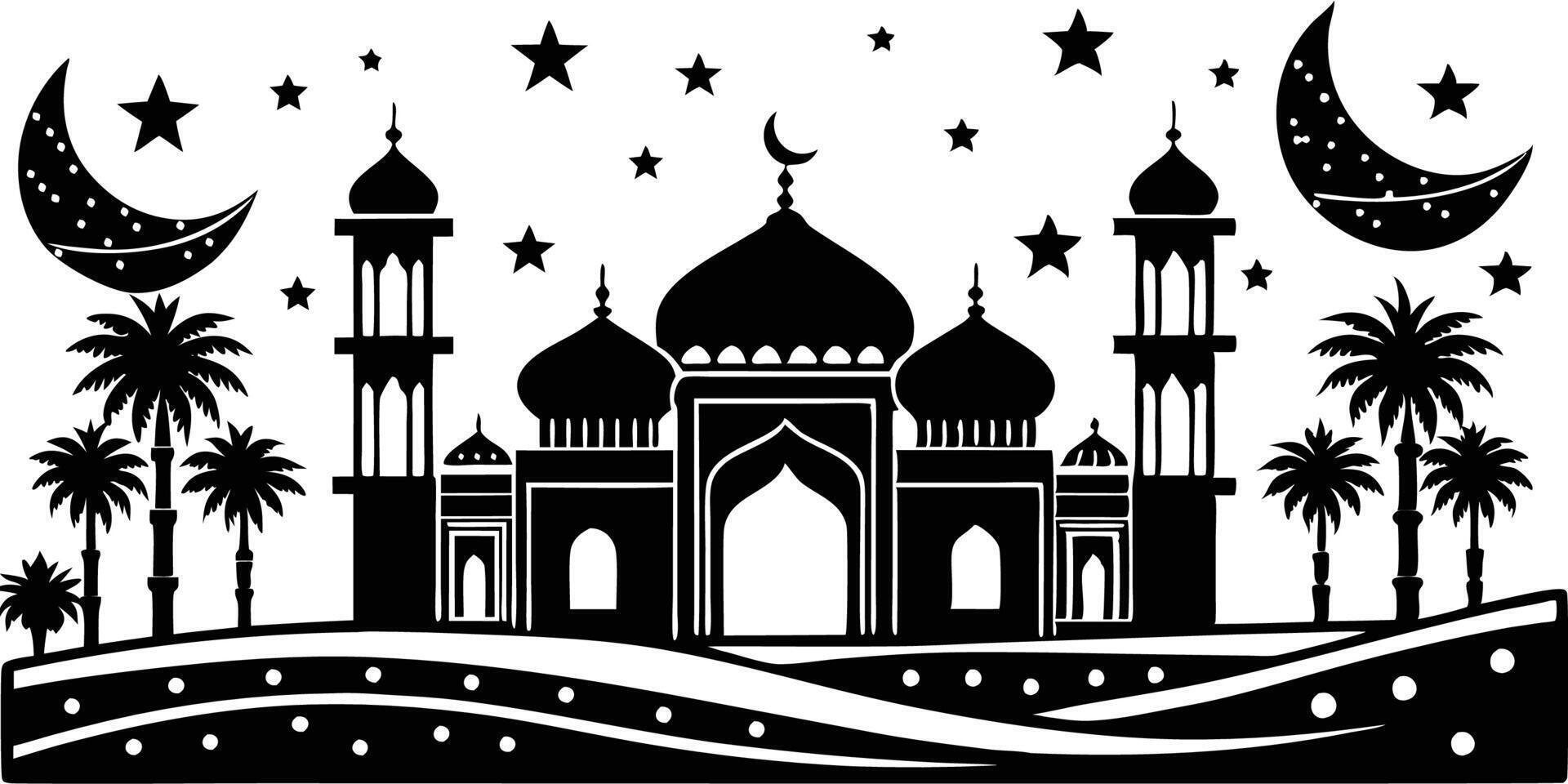 The mosque is silhouetted against the night sky vector