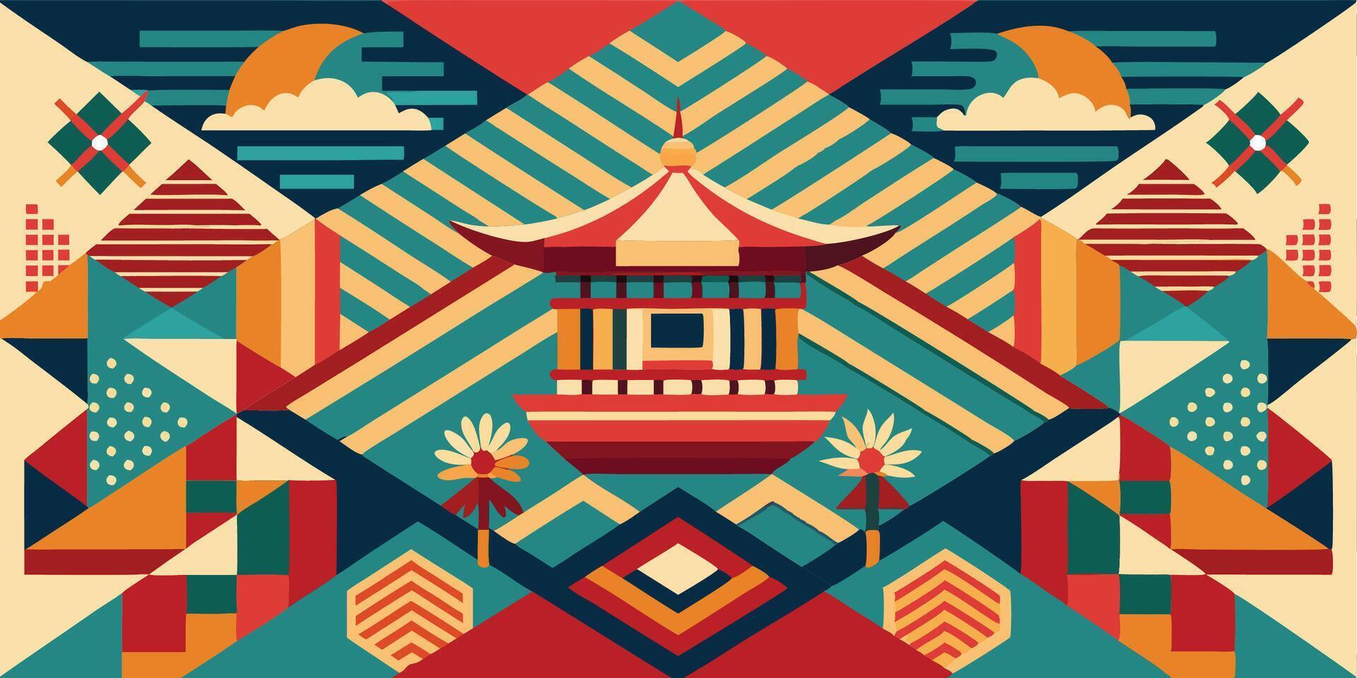 A colorful poster with a pagoda in the center vector