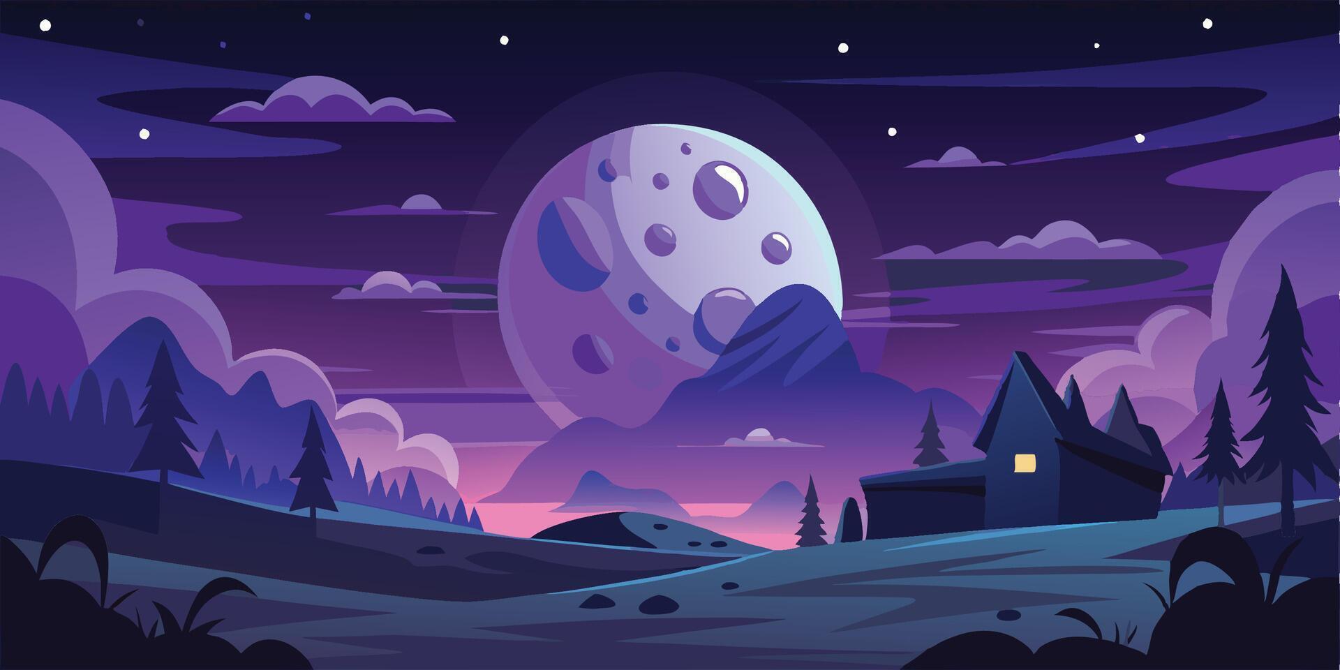 Cartoon moon landscape with house and trees vector