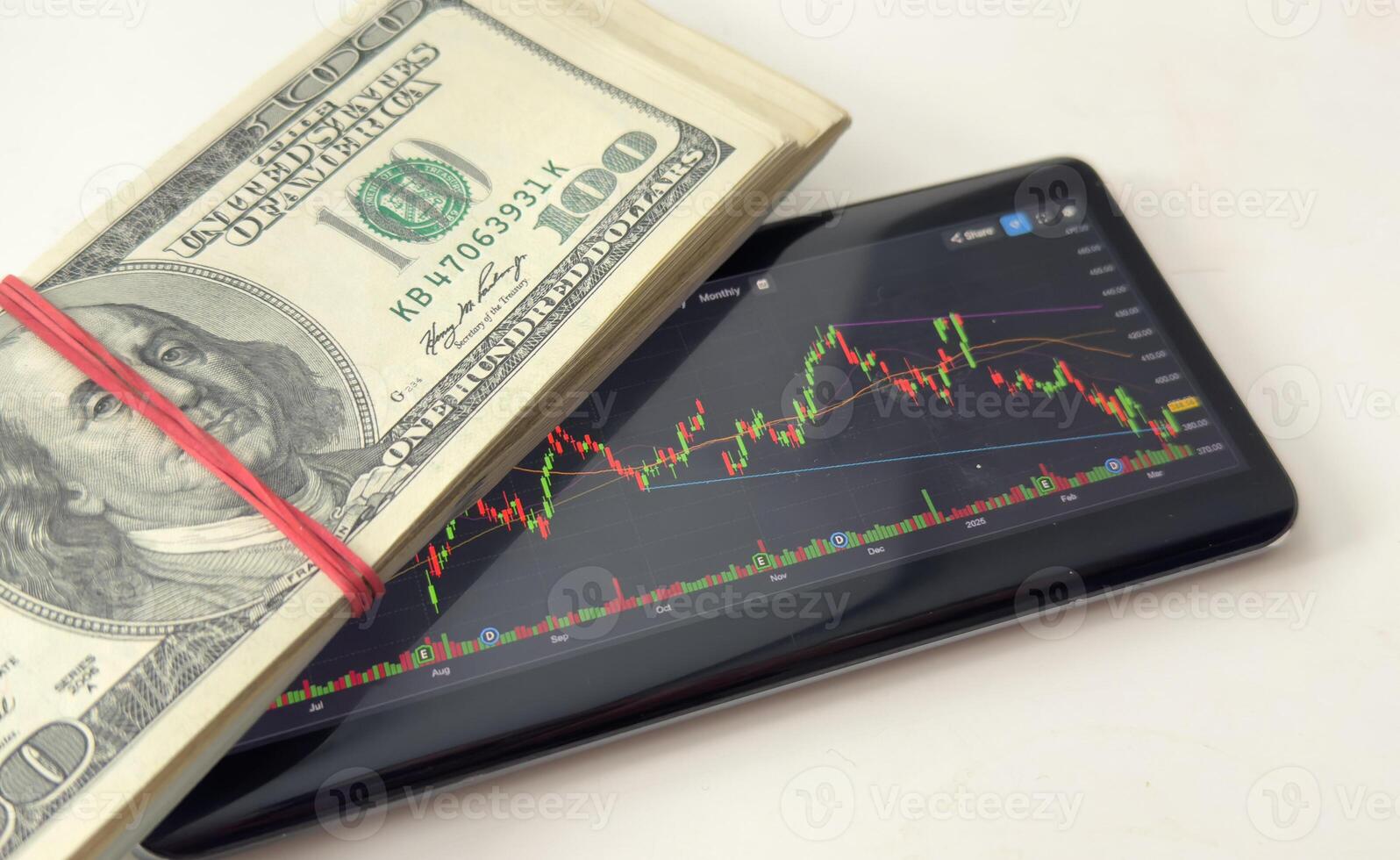 Stock exchange on smartphones screen and dollars banknotes blurred photo