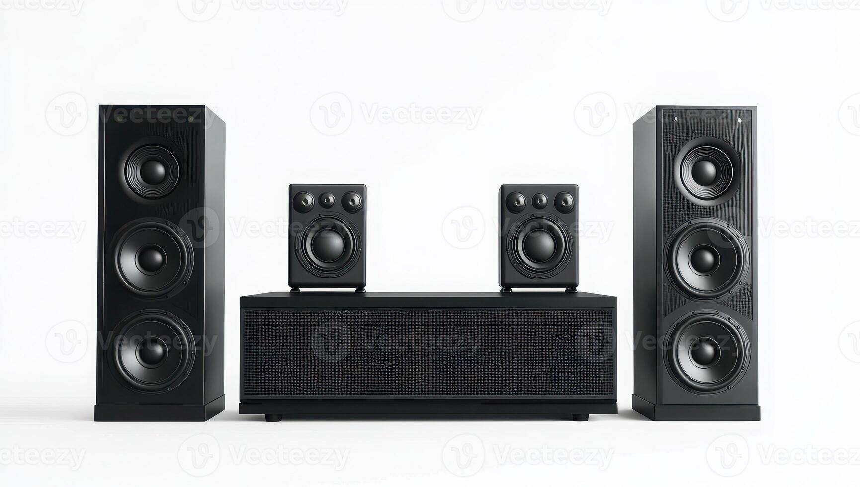 Black home theater system with speakers and subwoofer isolated on a white background. photo