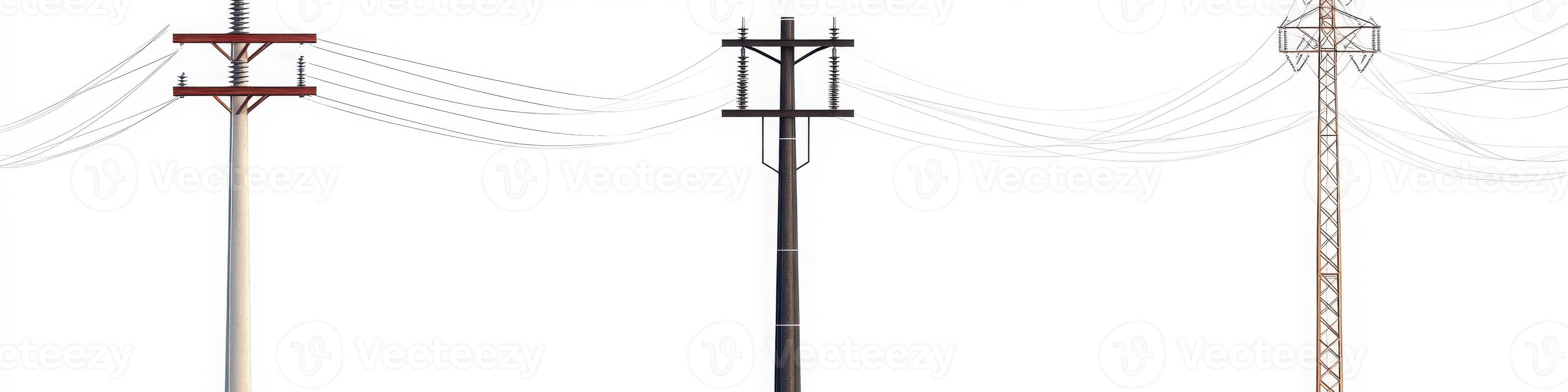 A set of three different types of power lines and electric poles isolated on a white background. photo