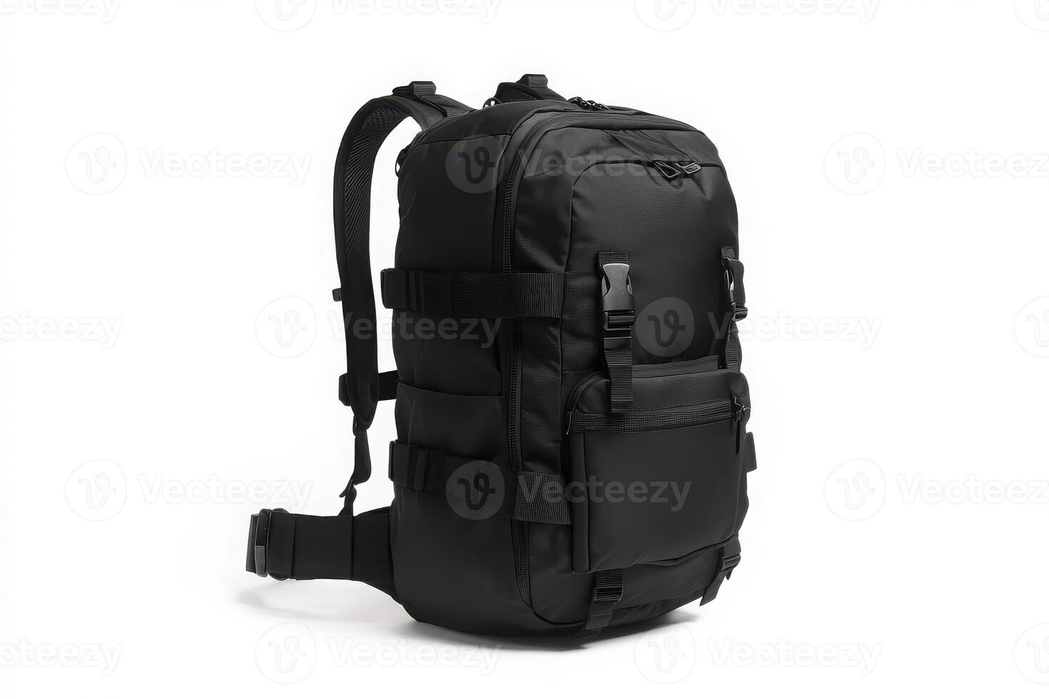 Black outdoor backpack with a front pocket and rear strap, product photography, white background photo