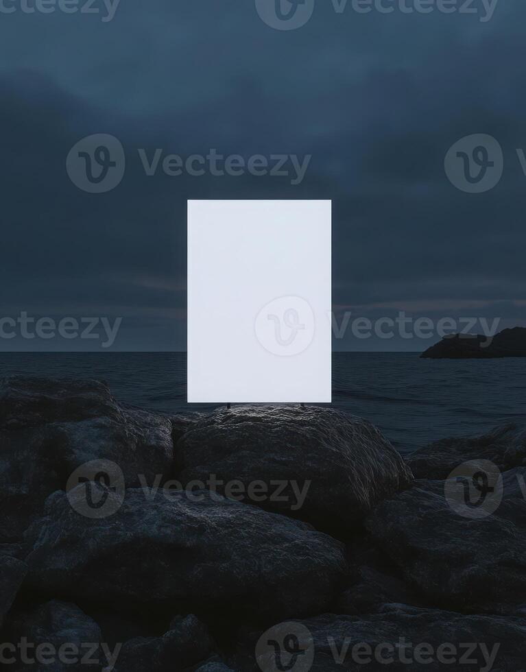 mockup of an A4 paper standing on top of rocks at night a white blank poster, minimalistic, with a very dark sky, sharp focus. photo