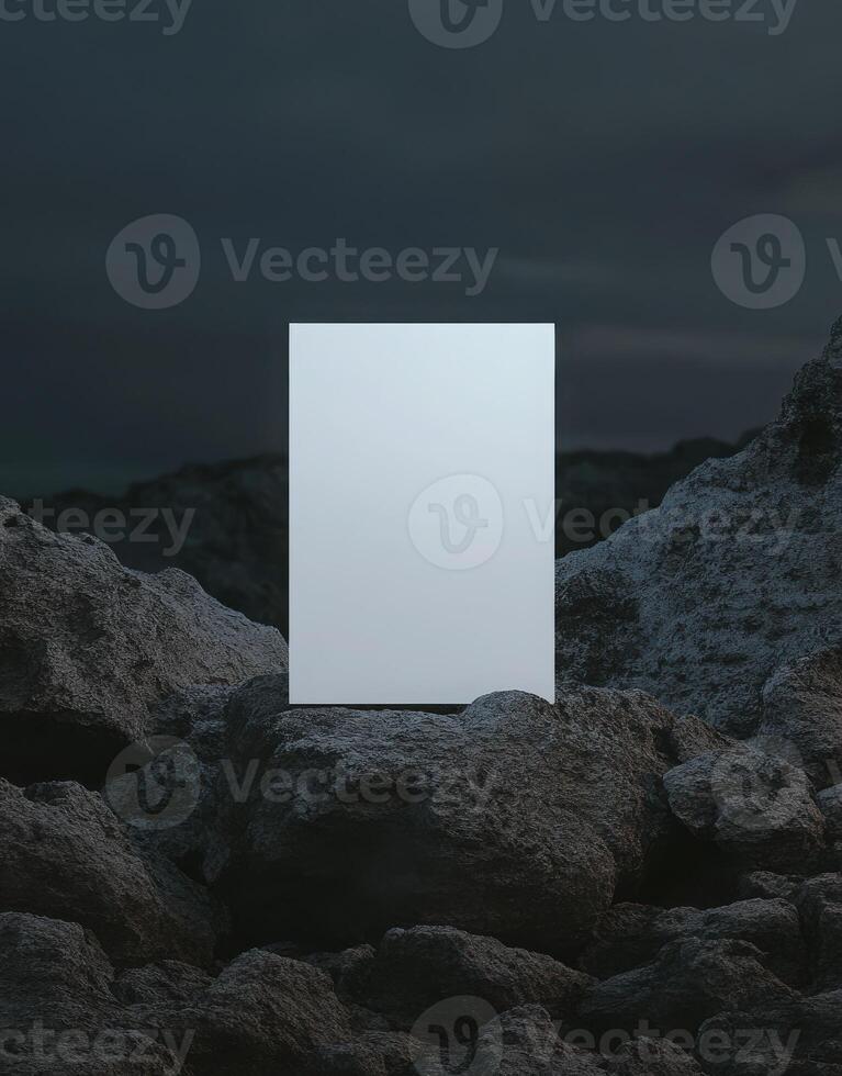 mockup of an A4 paper standing on top of rocks at night, a white blank poster, minimalistic with a very dark sky sharp focus. photo