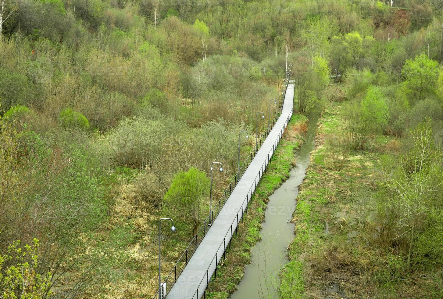 footbridge of themed environmental trail in a marshy river valley in early spring. View from above. photo