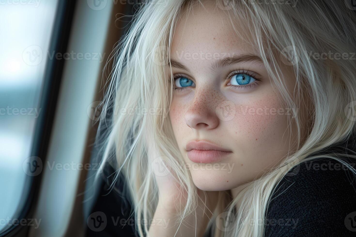 Portrait of a beautiful blonde girl with blue eyes in a car photo