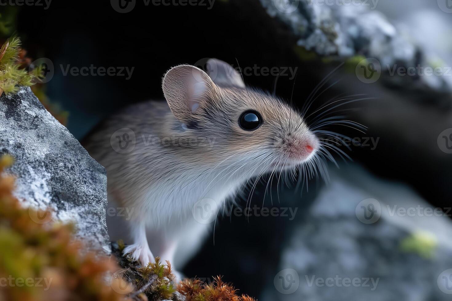 Little mouse on a rock in the forest. Close-up. photo