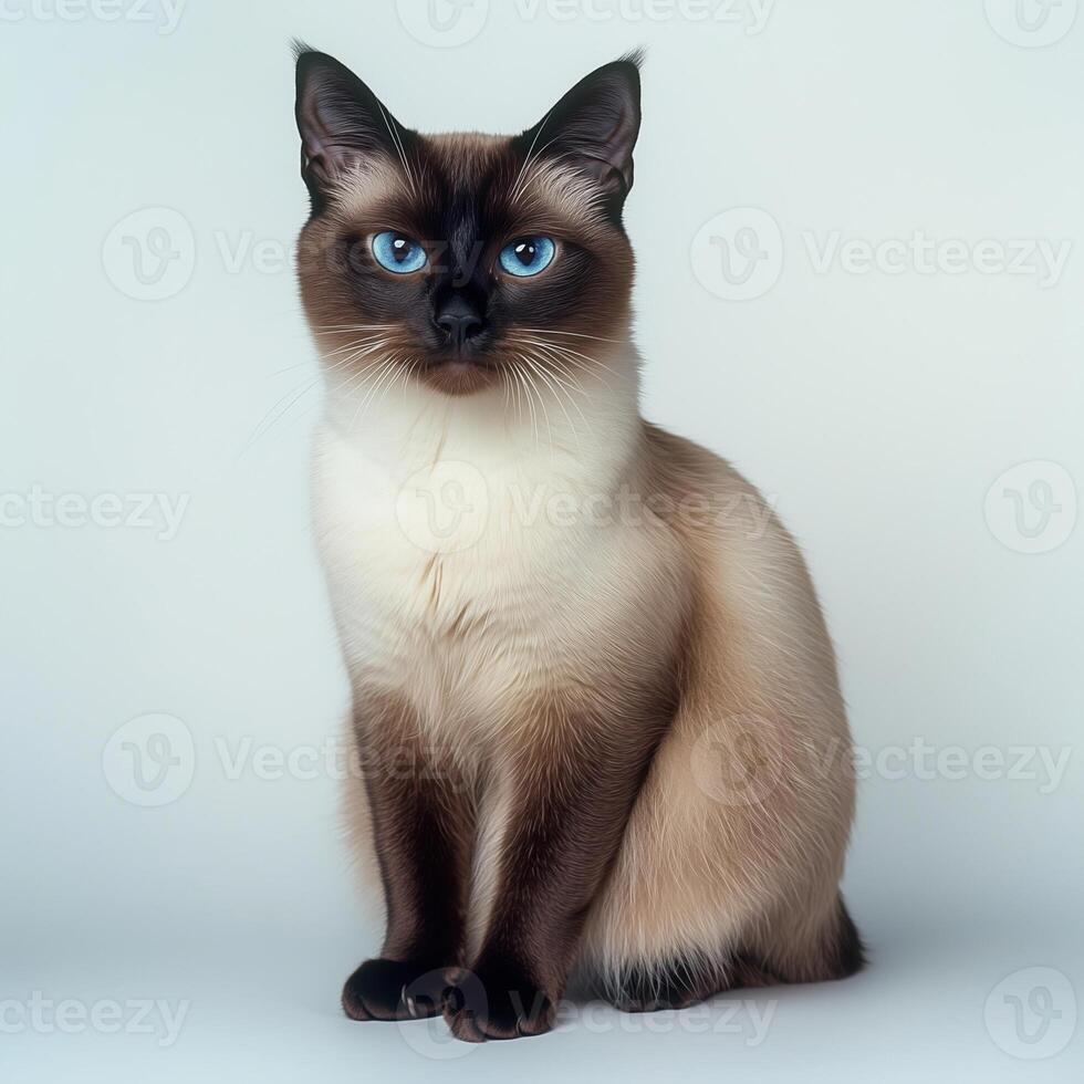 Siamese cat with blue eyes sitting on grey background. Looking at camera photo