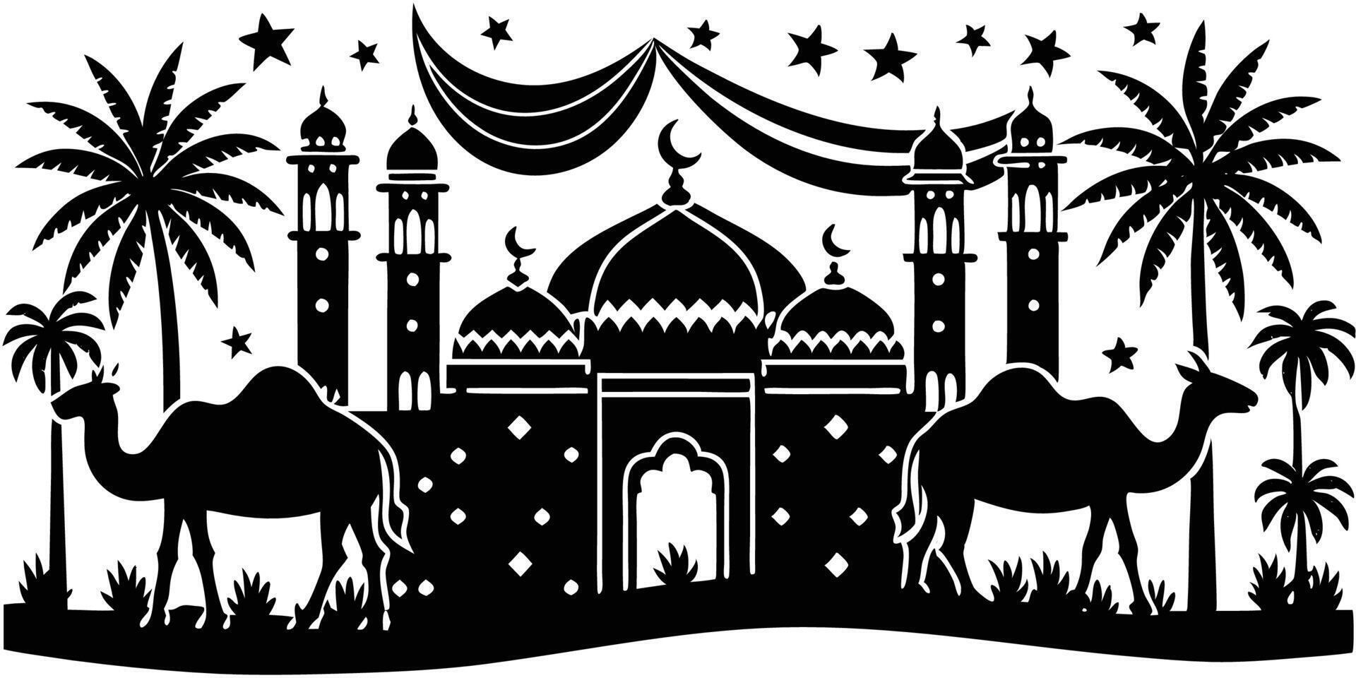 A black and white illustration of a mosque and camels vector
