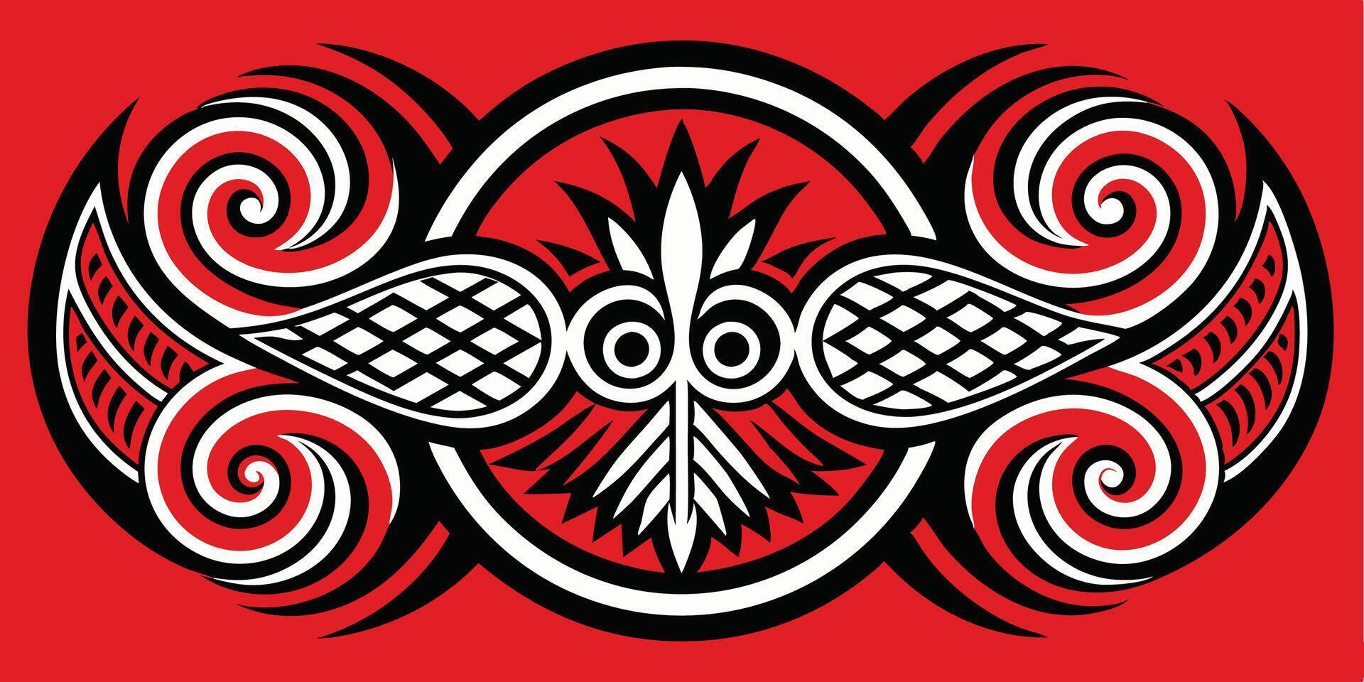 A red and black tribal design with a bird in the center vector