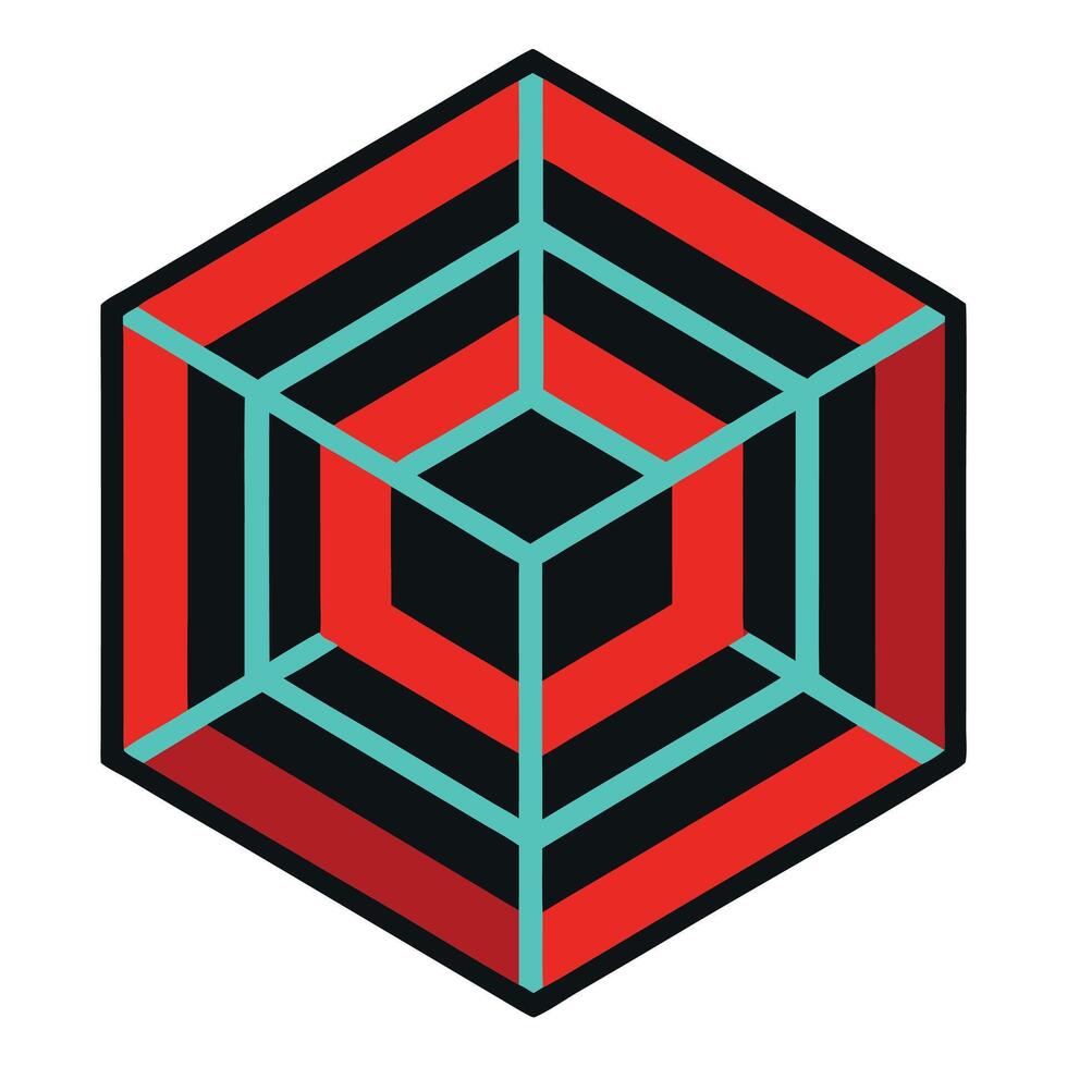 A red and black cube with a green and blue design vector