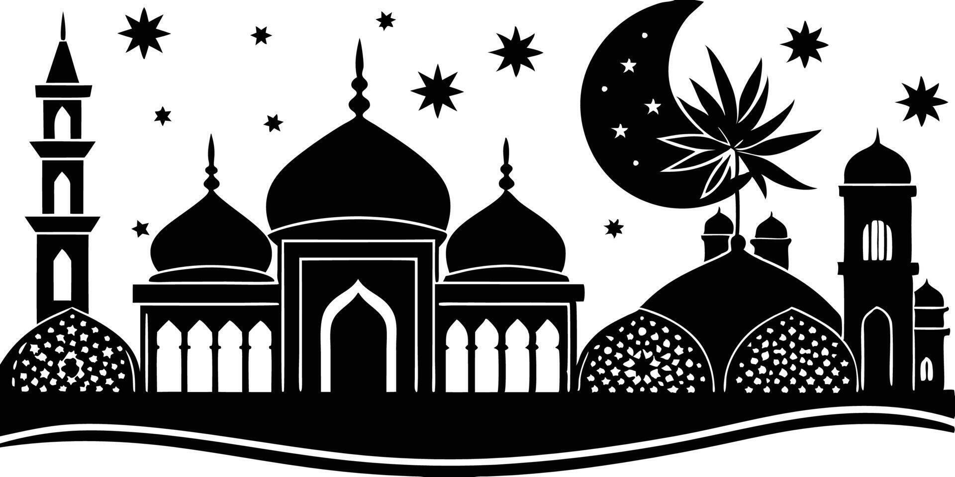 A mosque and a crescent moon in black and white vector