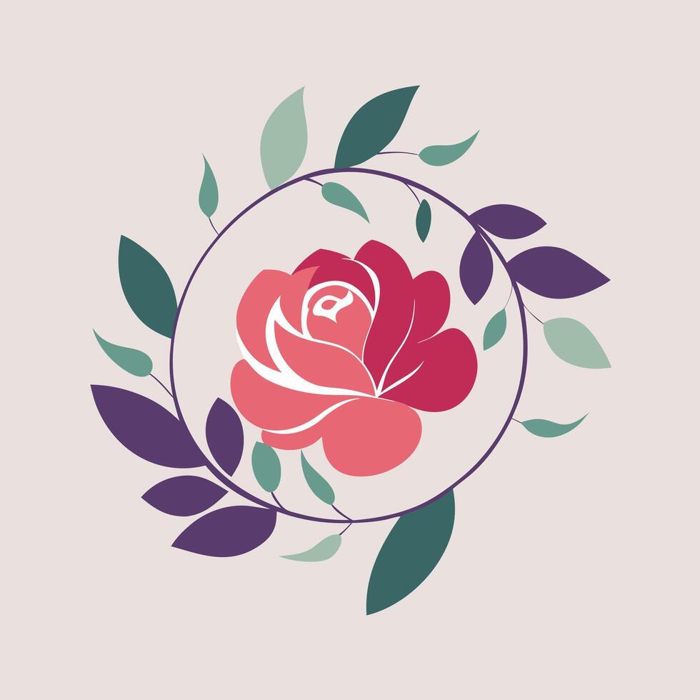 A rose is in a circle with leaves around it vector