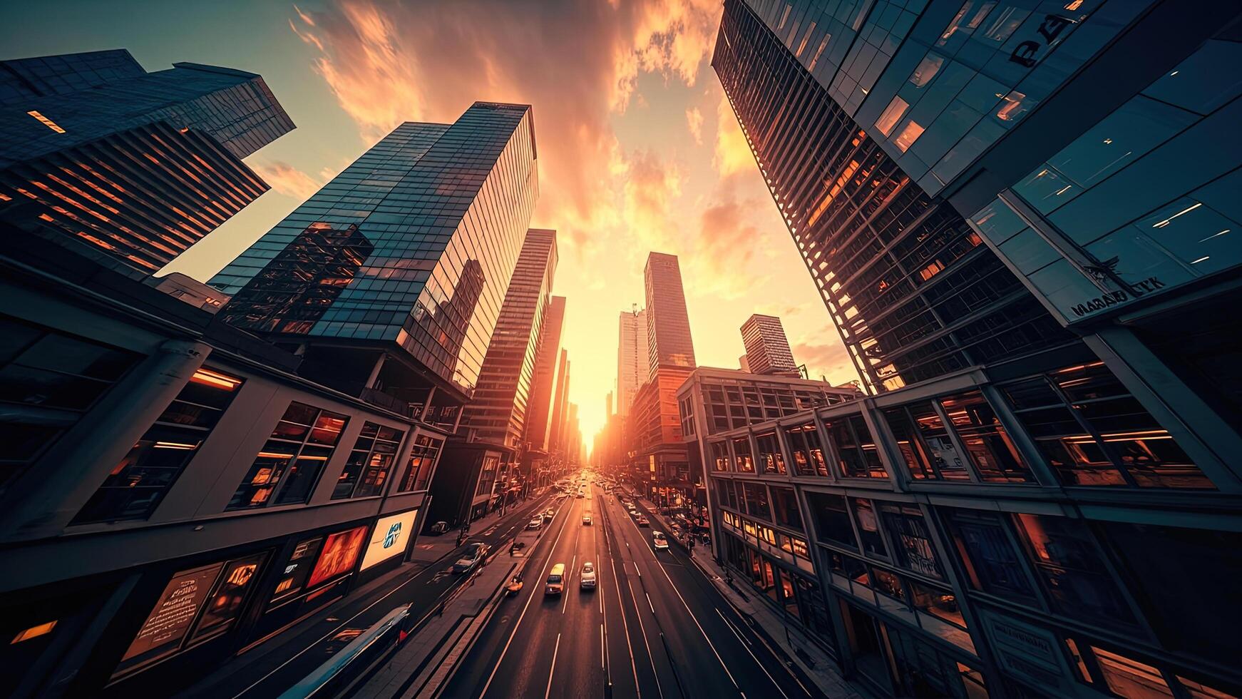 A city street with tall buildings and cars at sunset photo
