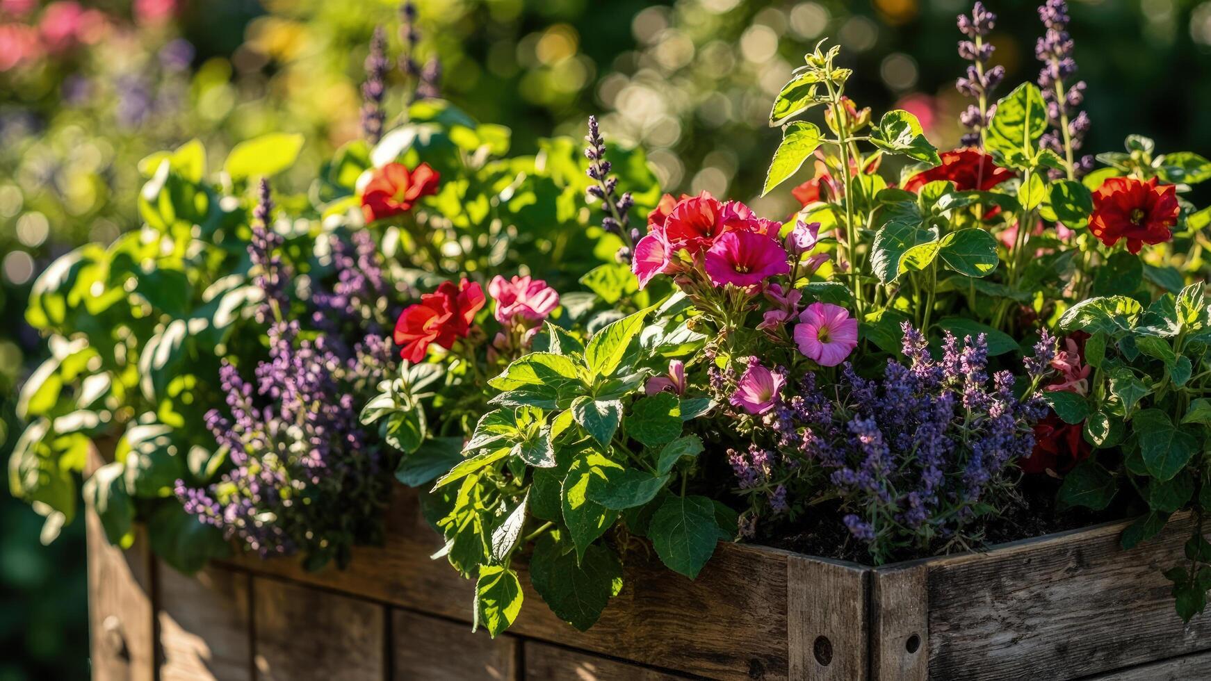 A wooden planter with colorful flowers in it photo