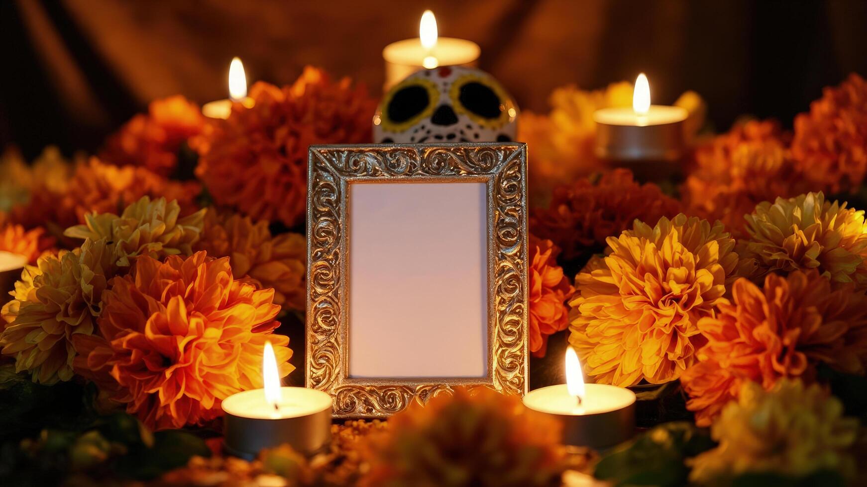 Day of the dead photo frame with candles and flowers