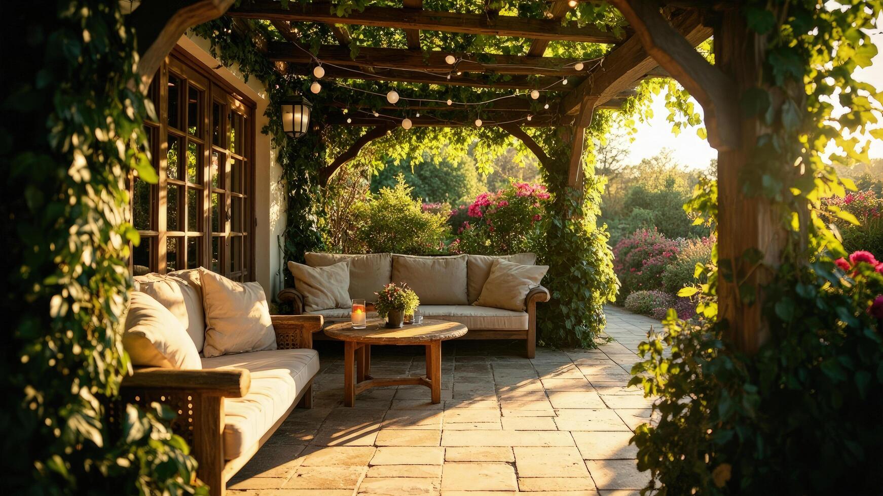 A covered patio with a couch and table photo