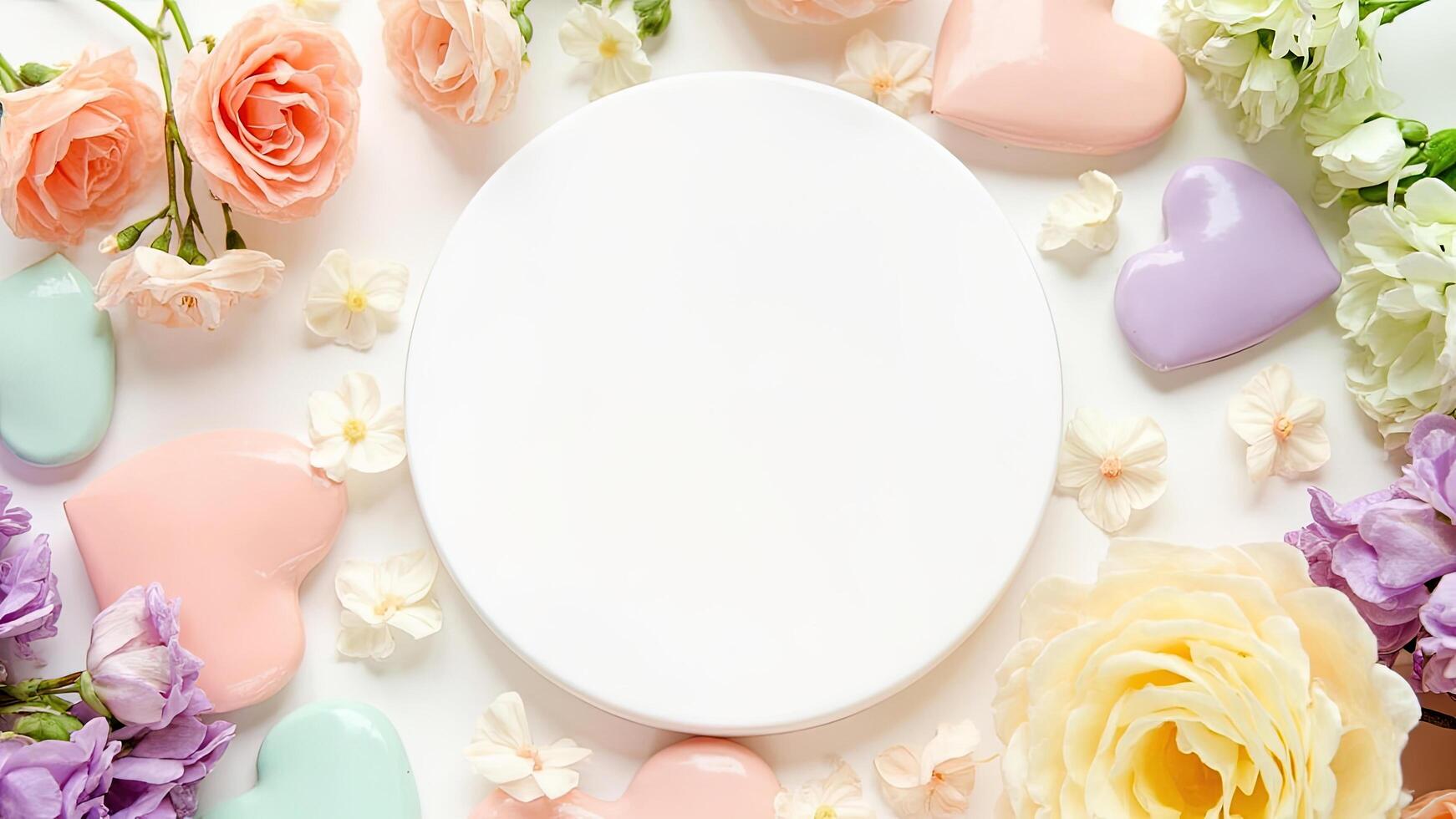 A white plate surrounded by colorful flowers and hearts photo
