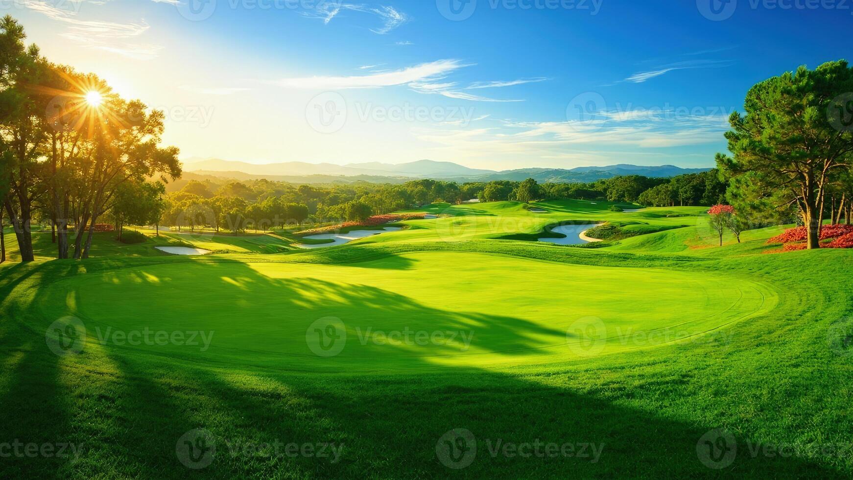 A beautiful golf course at sunset photo