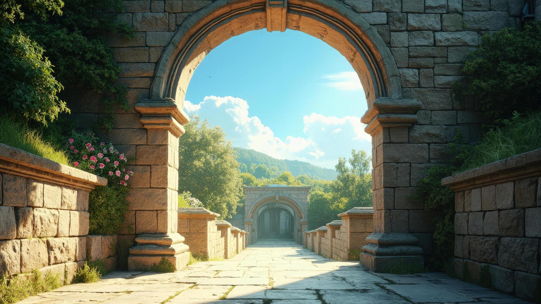 An archway leads to a stone path in a forest photo