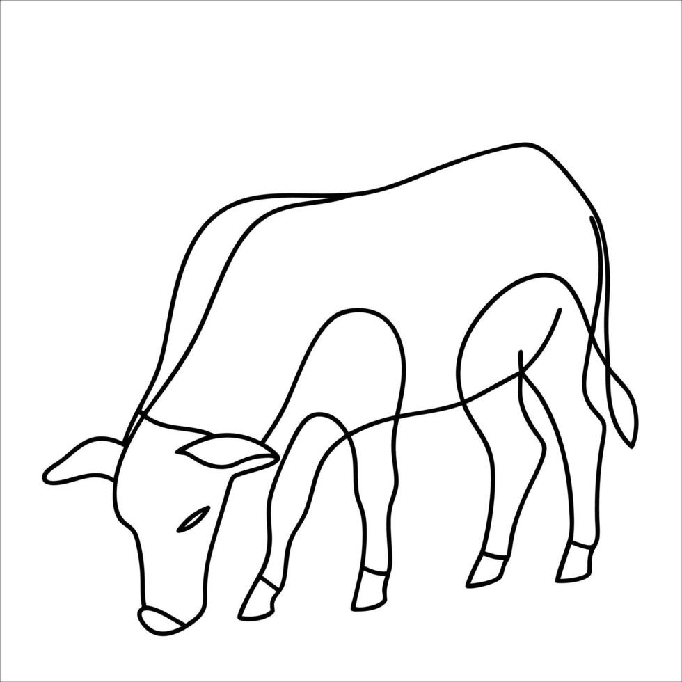 Cow peacefully grazing in an open pasture drawn in elegant continuous line art style minimalist black and white farm animal sketch for rustic decor or design vector