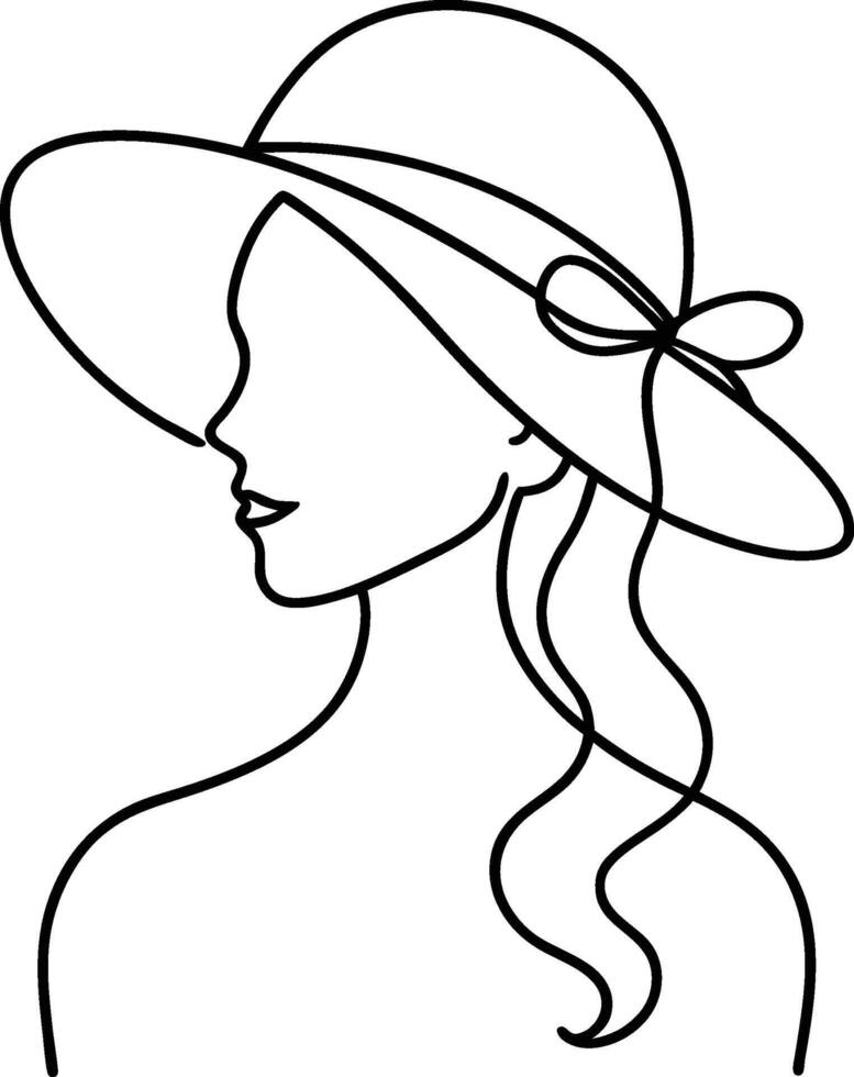 Chic woman in a fashionable summer hat drawn in a continuous single line perfect for modern art prints minimalist posters and contemporary fashion related visuals vector