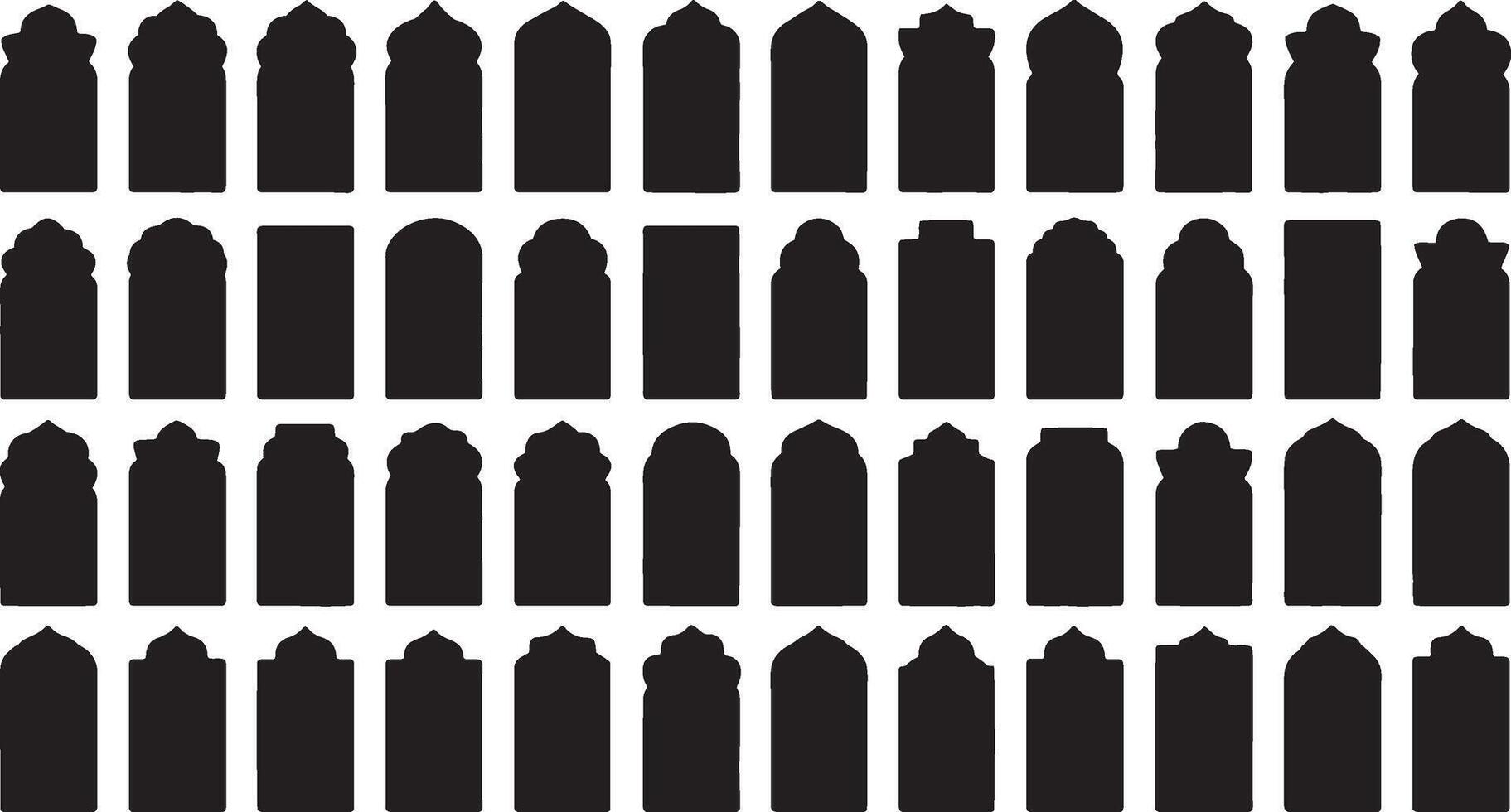 Flat Design Icons Depicting Islamic Door Silhouettes in Monochrome Black on White Background vector