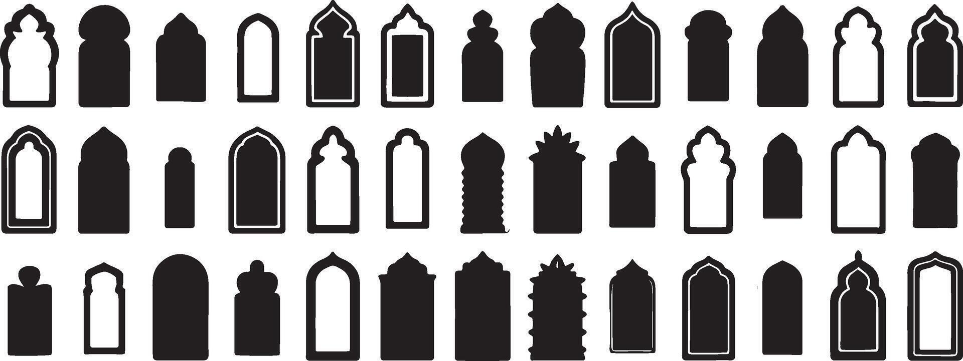 Illustration Showcasing Collection of Unique Islamic Door Silhouettes with Geometric Patterns vector