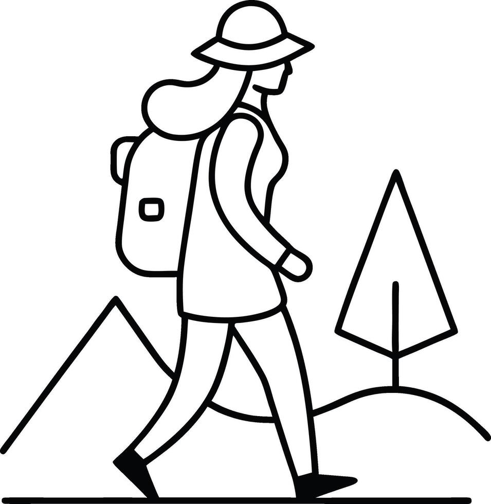 Minimalist traveler woman carrying a backpack drawn in continuous line art perfect for adventure travel blogs hiking brands and nature exploration themed illustrations vector