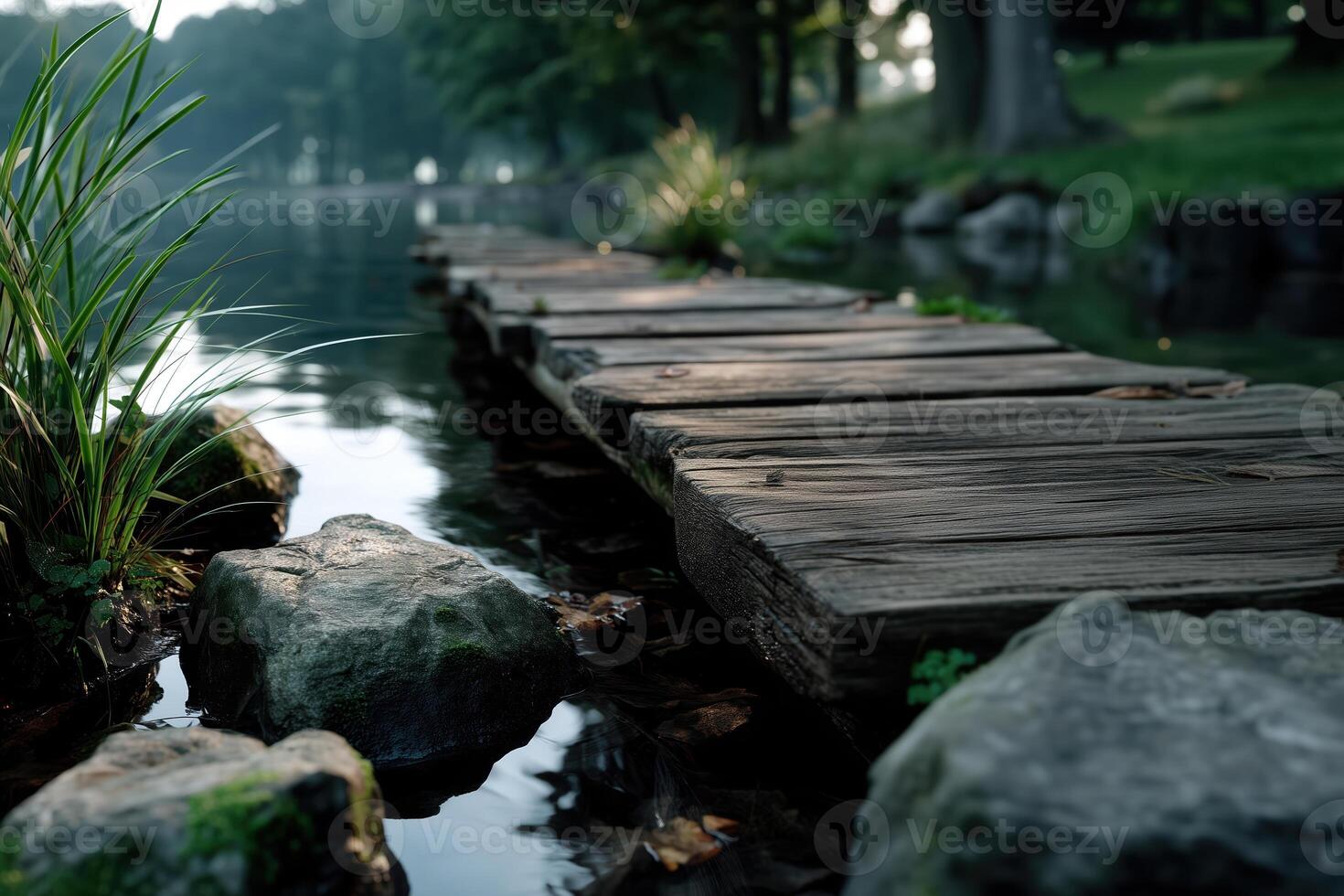 Wooden walkway in the park with foggy background, soft focus photo