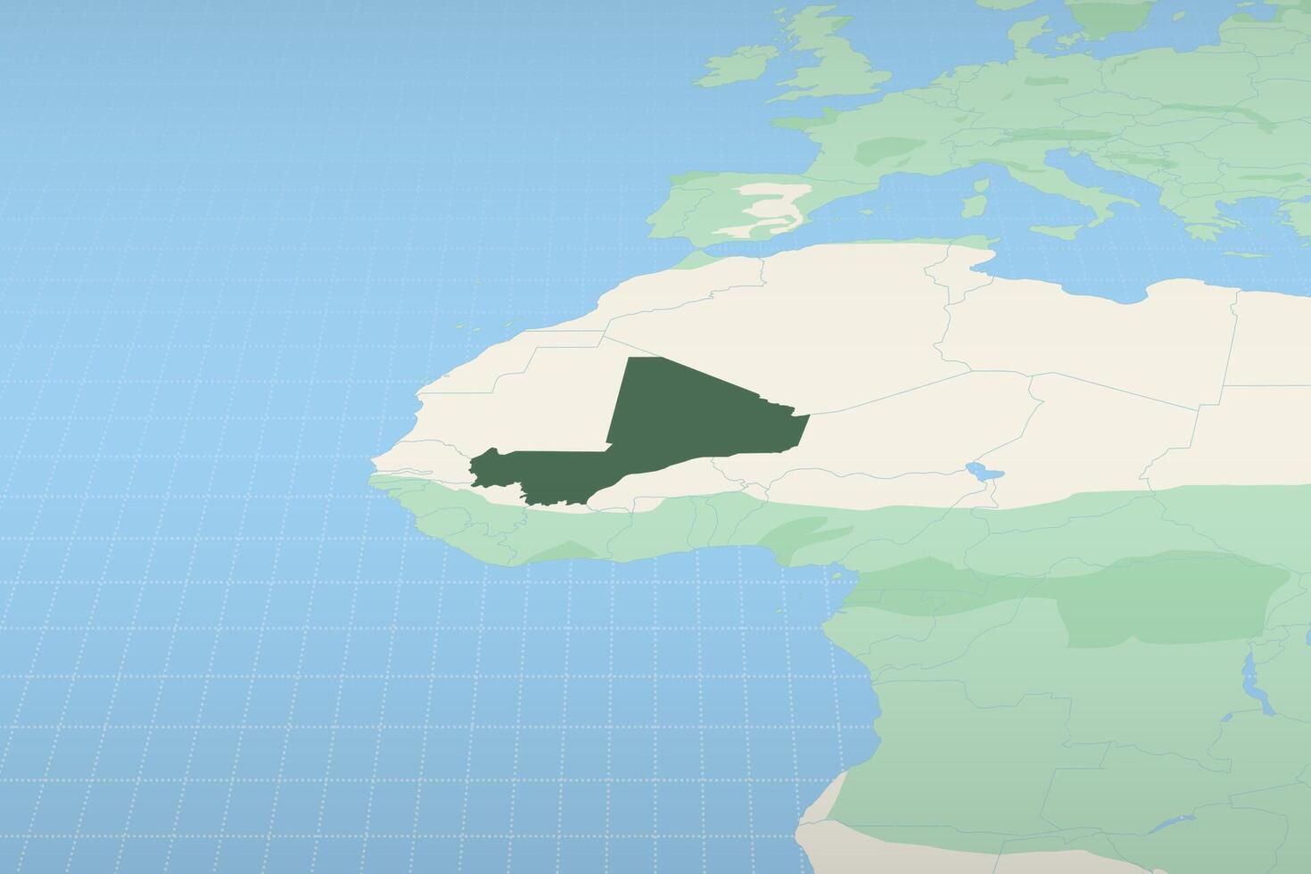 Mali highlighted on a detailed map, geographic location of Mali. vector