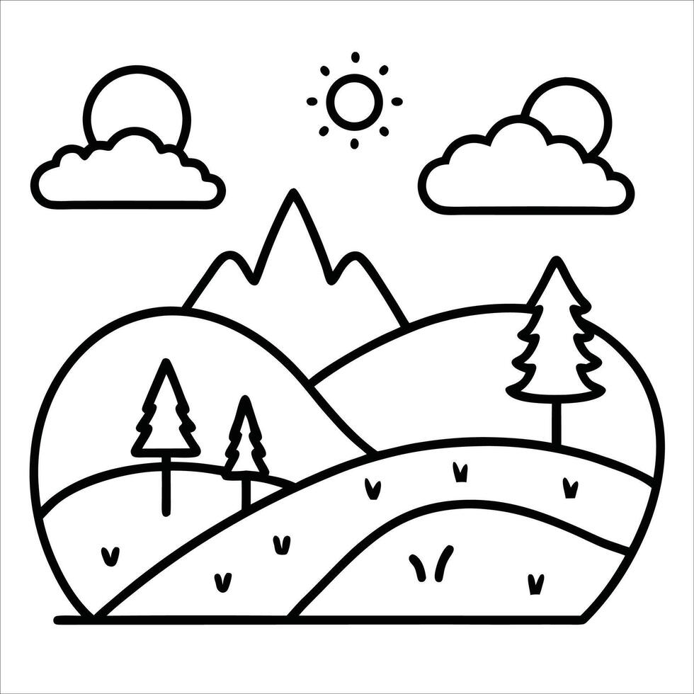 Scenic nature landscape expressed in single line art style tranquil outdoor environment perfect for depicting mountains trees natural views and peaceful countryside art vector