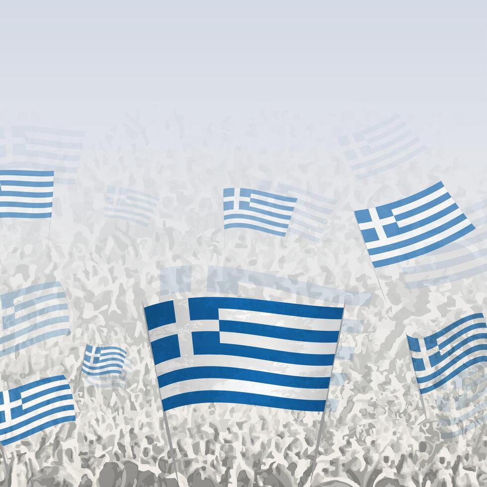 Crowd of people waving flag of Greece square graphic for social media and news. vector