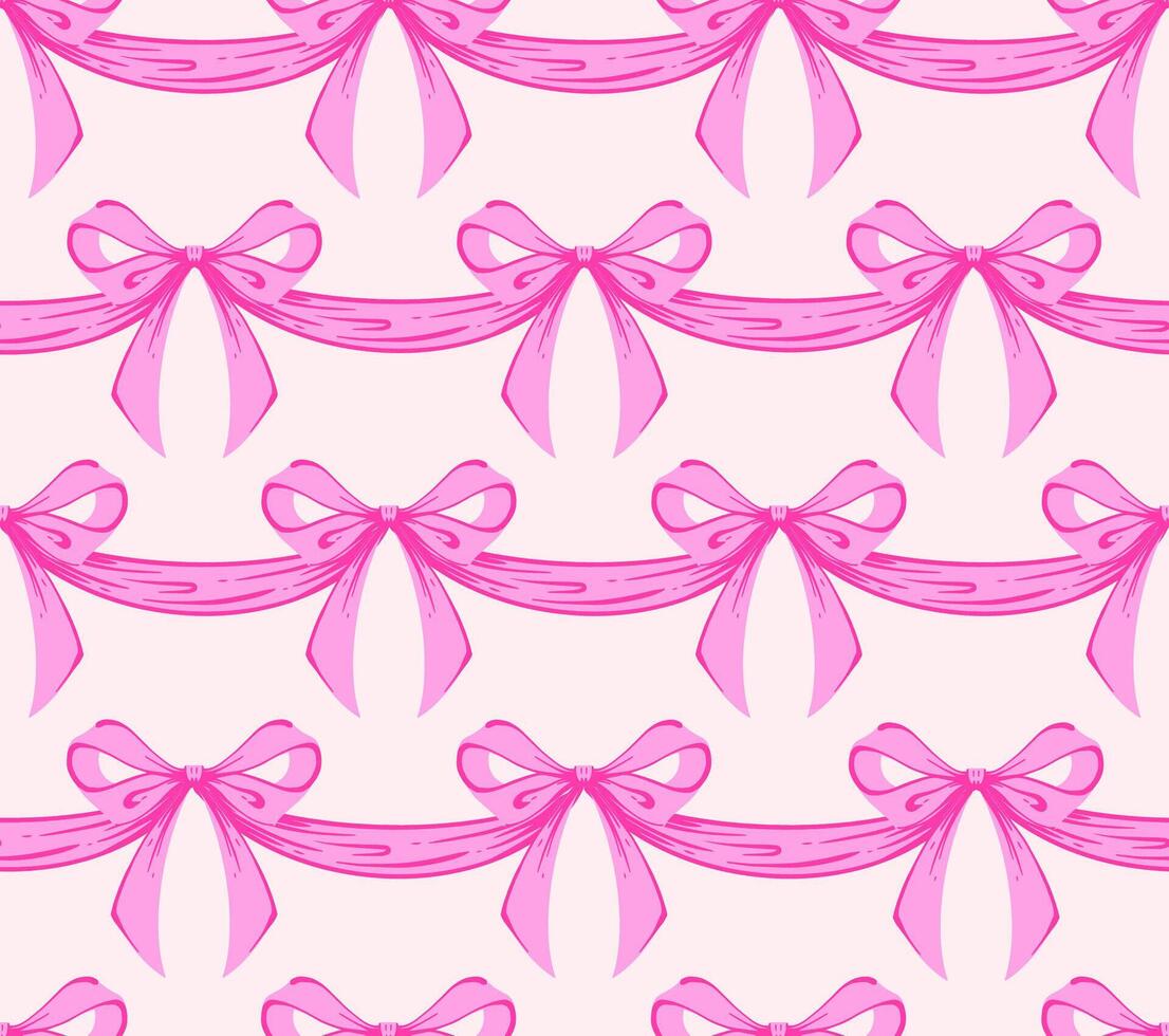 Pink Ribbon Bow Garland Seamless Pattern. Coquette, Vintage and feminine design with hand-drawn garland of pink bows. Rococo aesthetics for romantic background. Fabric prints, wrap vector