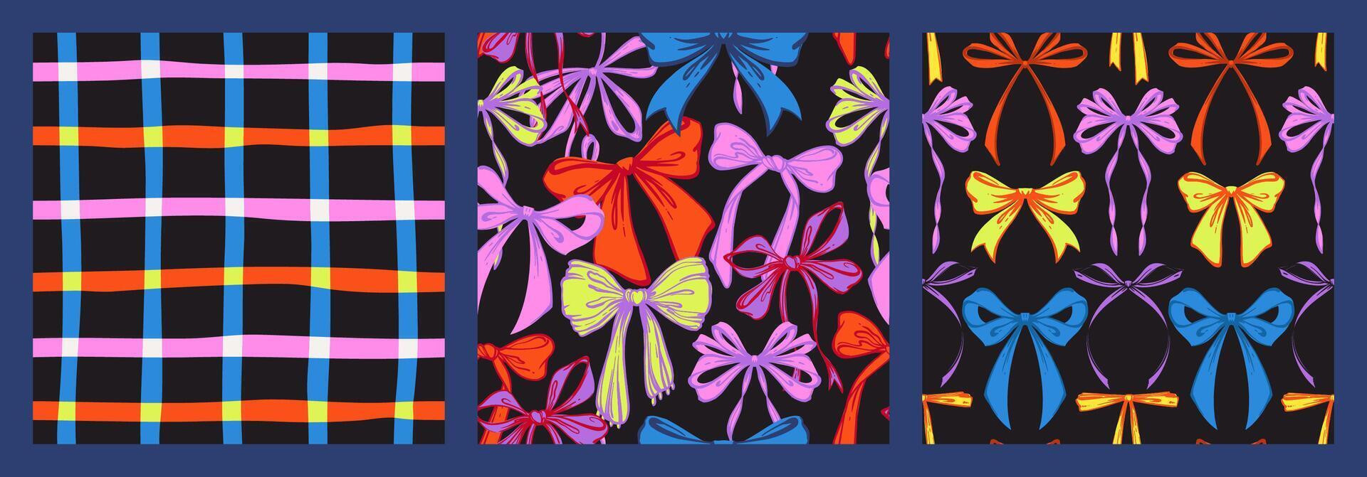 Playful Colorful Ribbon Bows and checkered Seamless Pattern Set. Vibrant Hand-Drawn Doodle Bows in Bold Colors on a Black Backgrounds. Fun Kids Designs Perfect for Party Invitations, Wrapping Paper vector