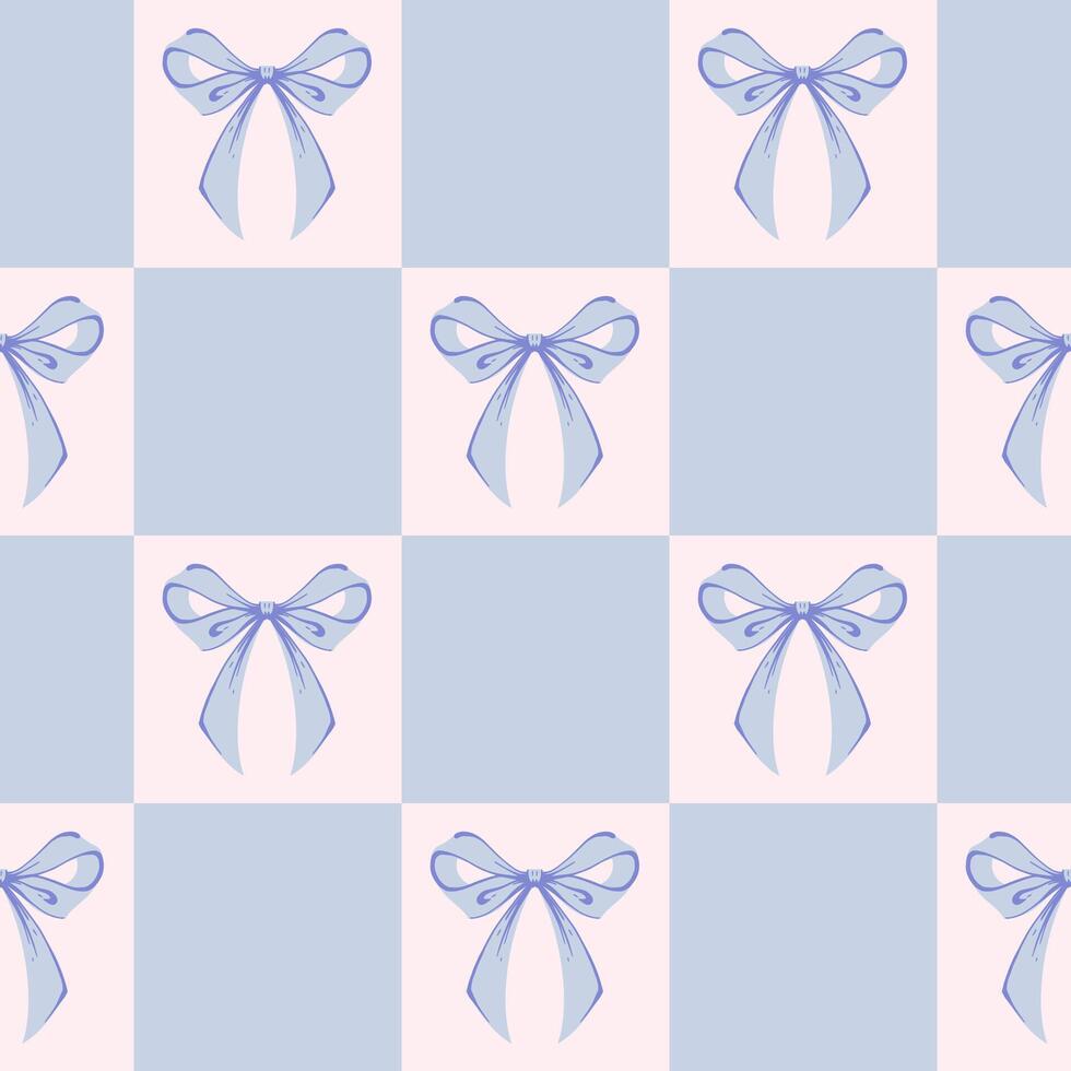 Blue Checkered Seamless Pattern with Ribbon Bows. Coquette, Vintage and Romantic design. Playful background for feminine projects, vintage wrapping paper, textiles, and Valentines Day vector